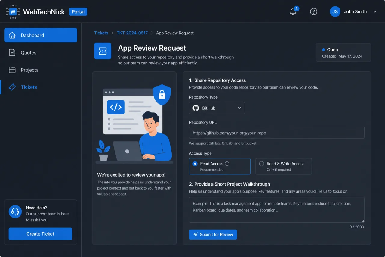 Illustrated client portal showing an app review request and walkthrough notes
