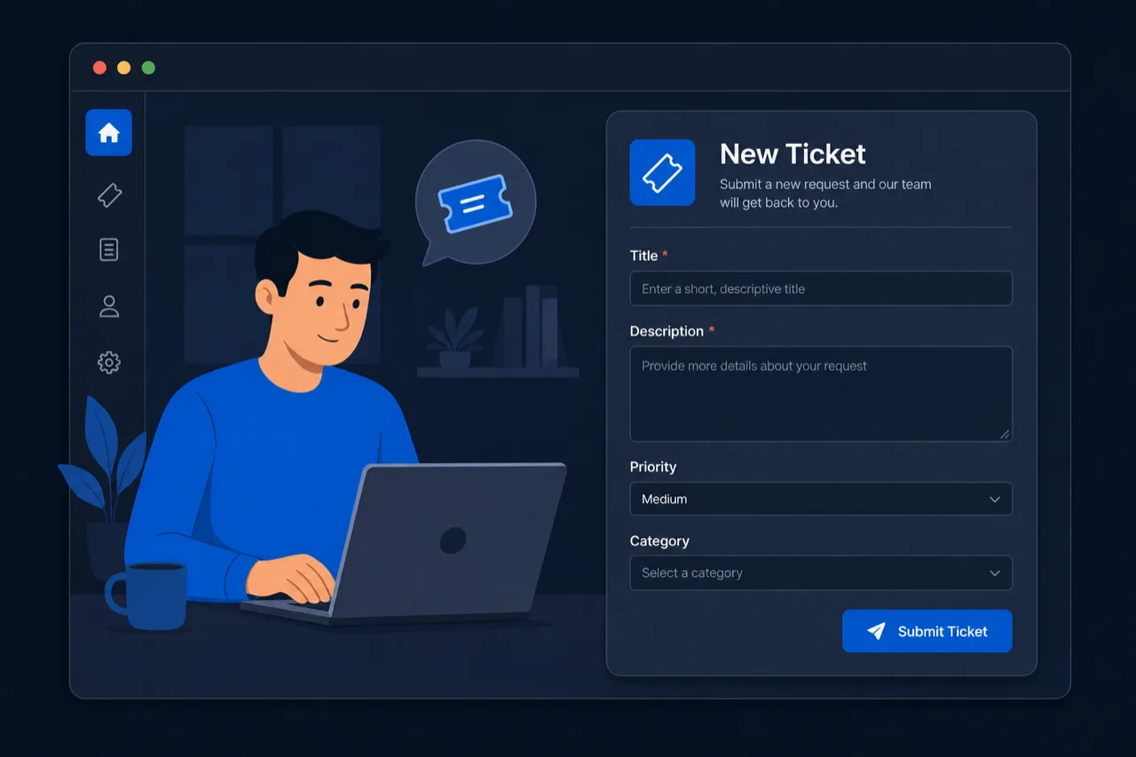 Illustrated client portal showing a new ticket request form